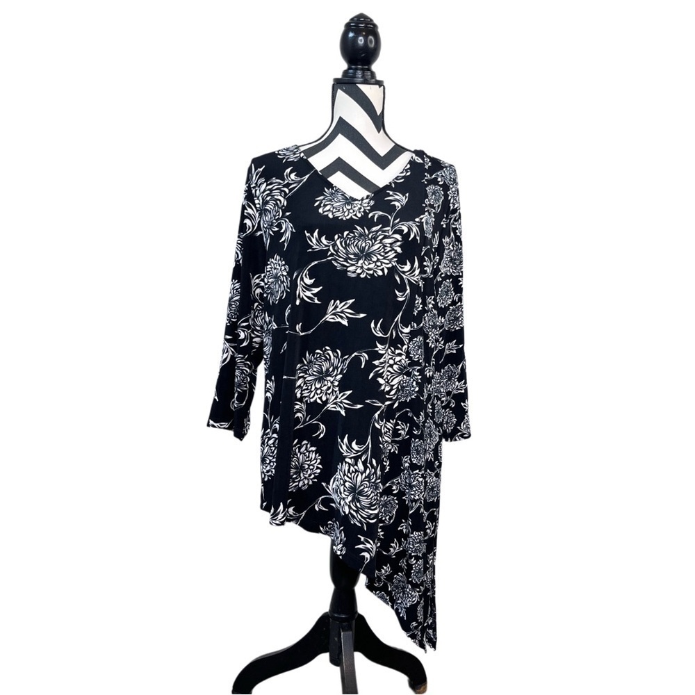 Chico's Sz L Whimsigoth Witchy Fairy 3/4 Sleeve Dark Floral Tunic Top